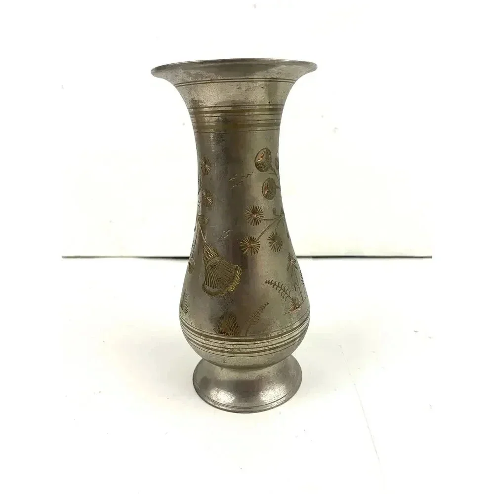 VTG Silver Tone Metal Middle Eastern Vase With Etching 8